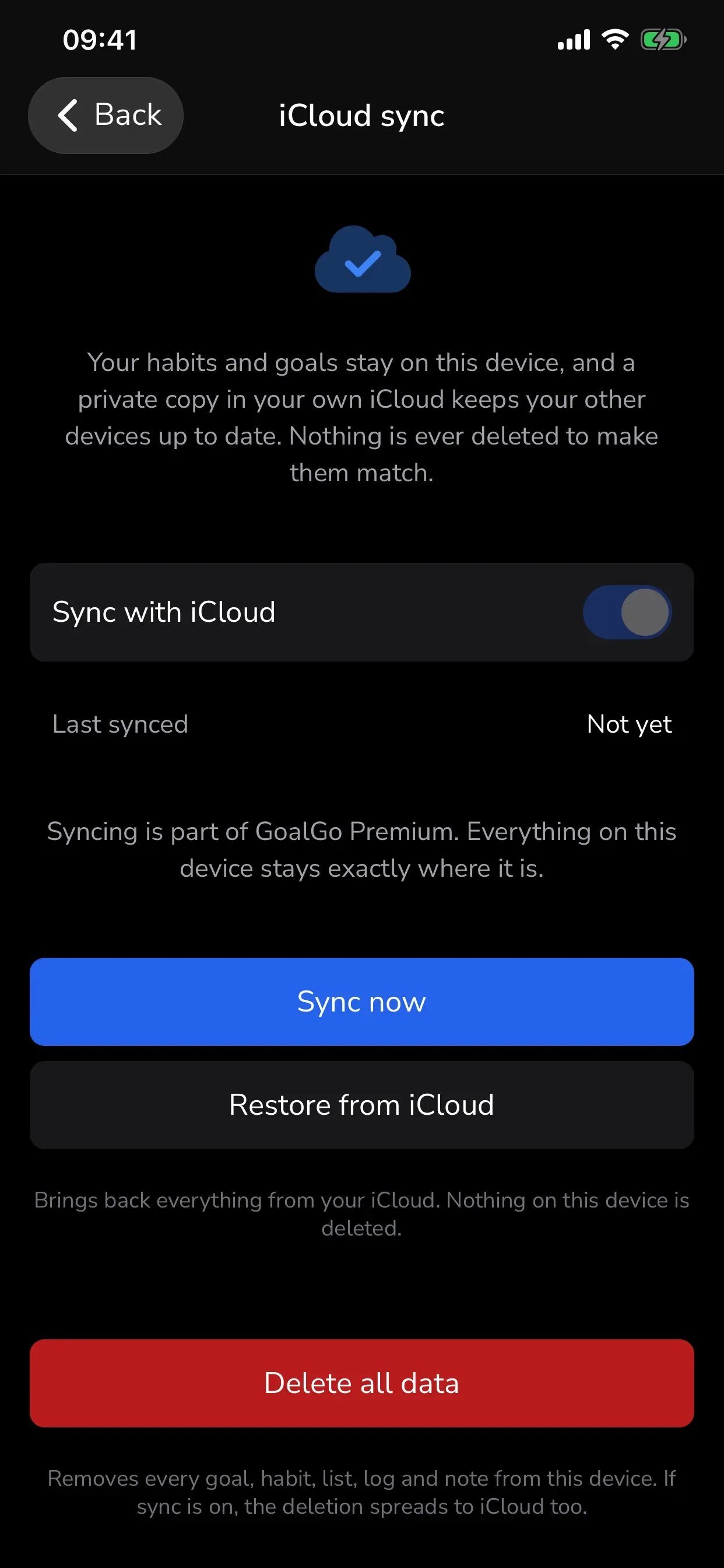 GoalGo iCloud sync settings