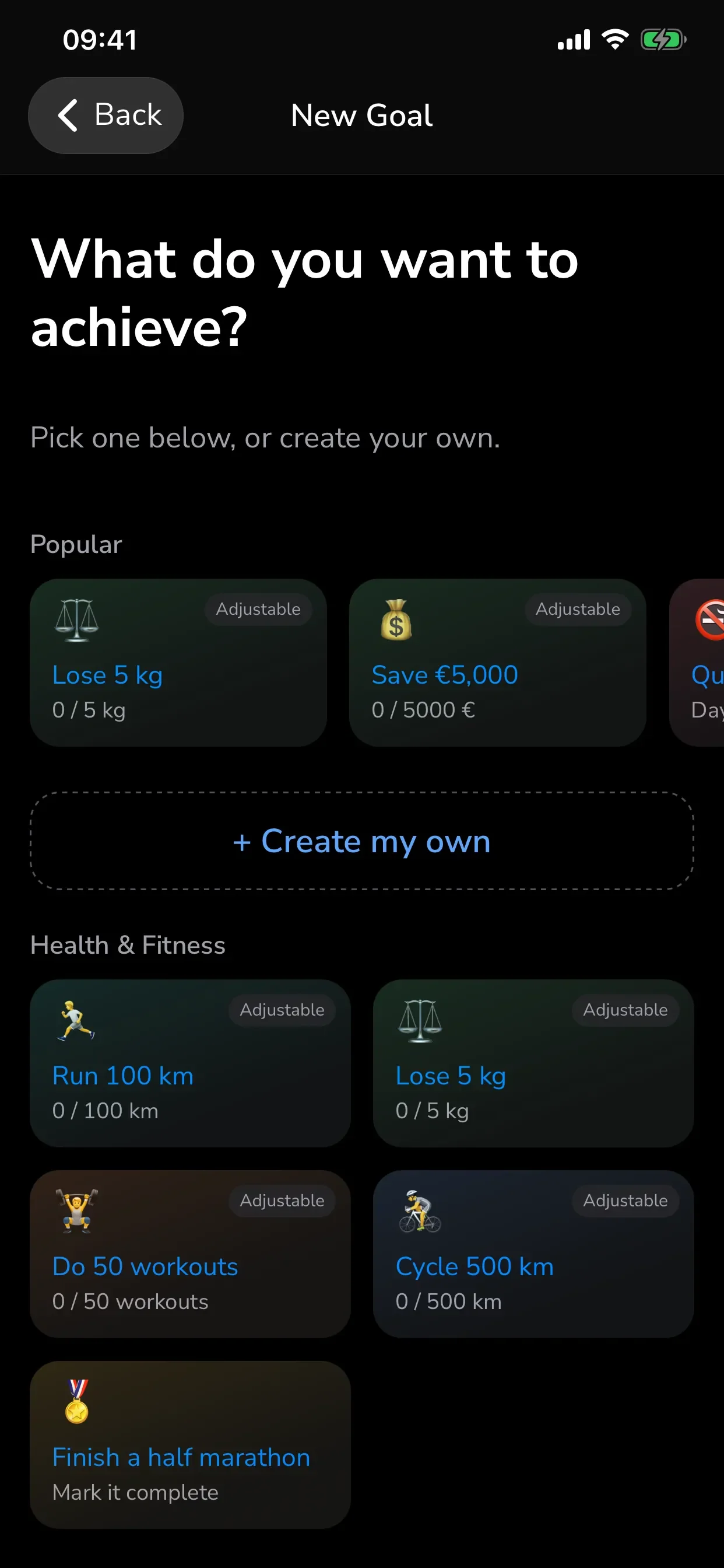 GoalGo new goal screen with templates