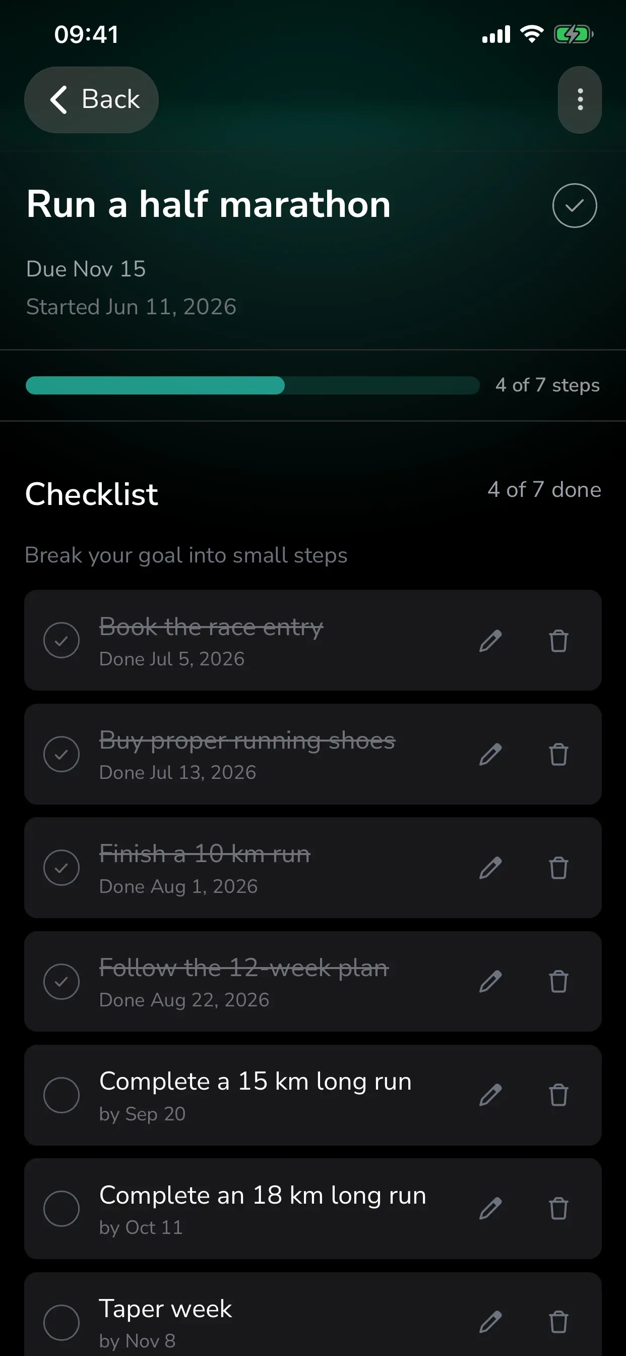 GoalGo goal details with a checklist of dated steps