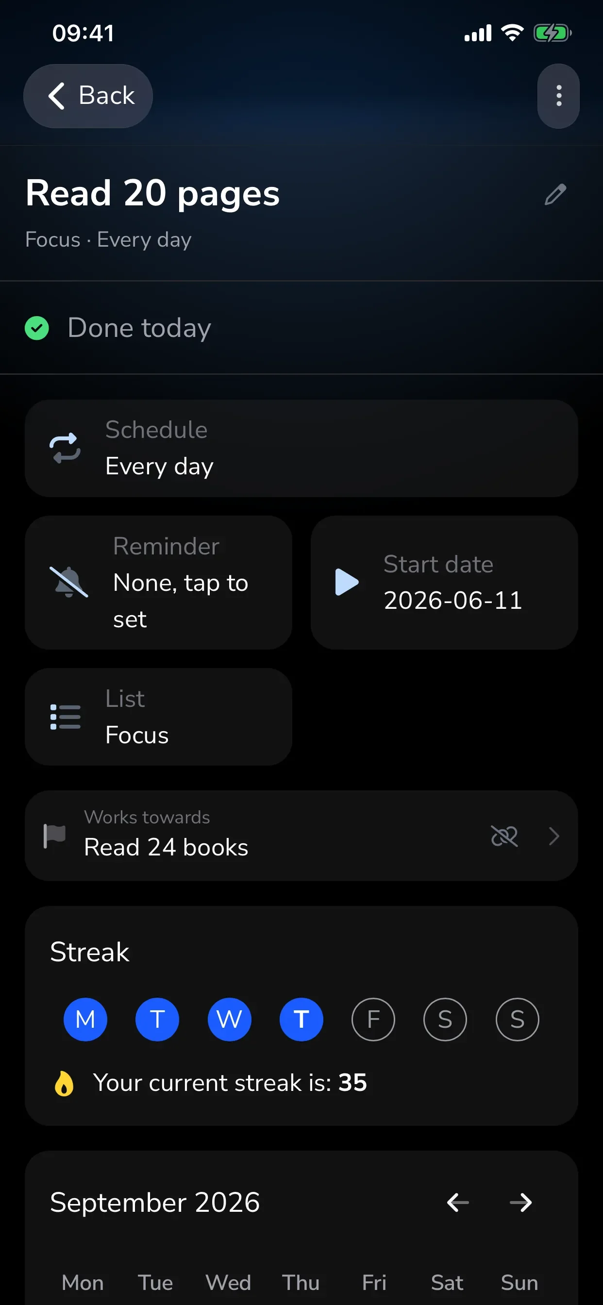GoalGo habit details with streak and month calendar