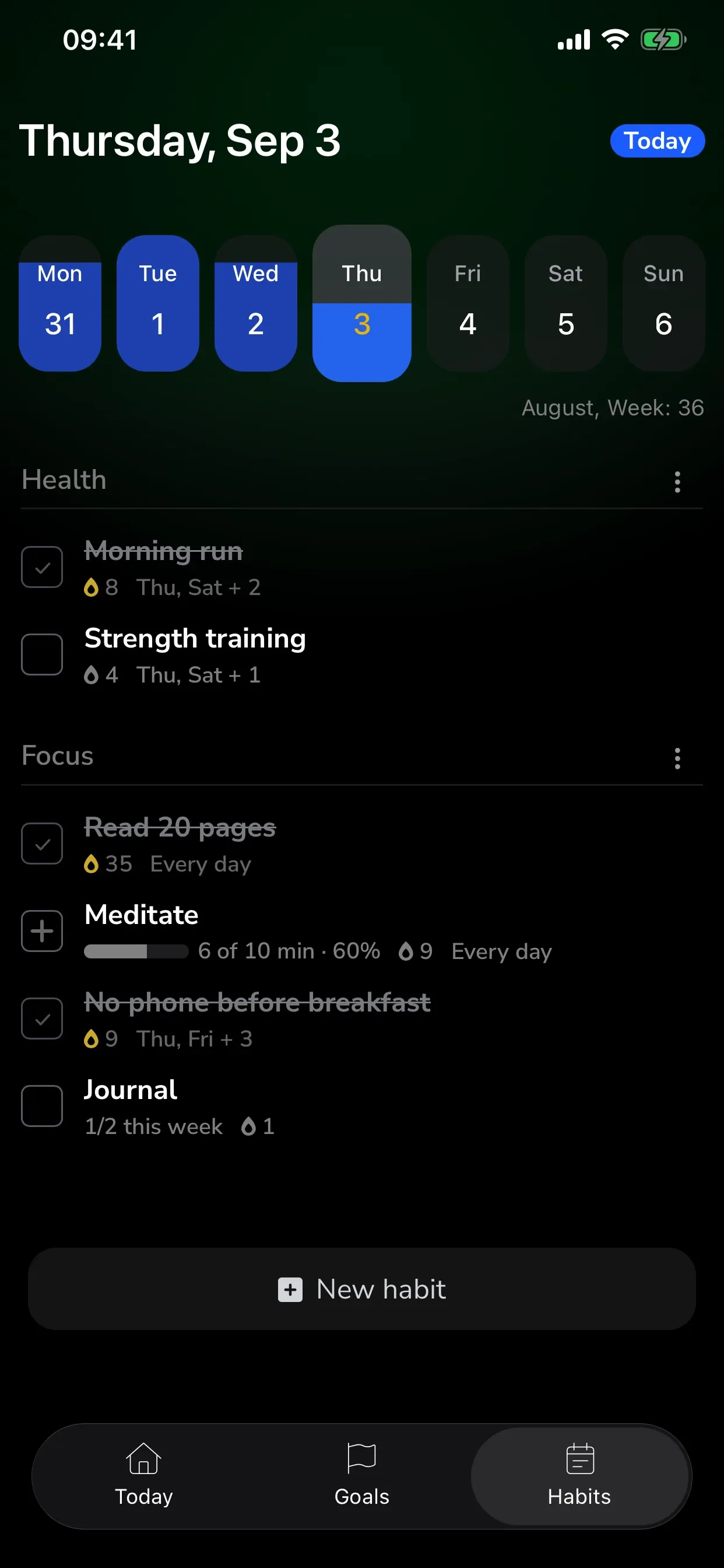 GoalGo habits list grouped by schedule