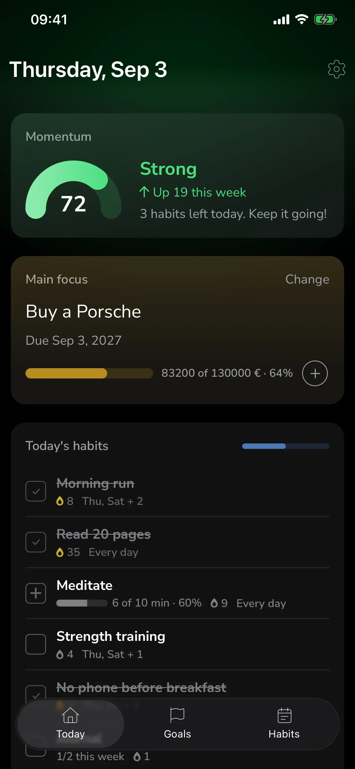 GoalGo Today screen with Momentum, Main focus and today's habits