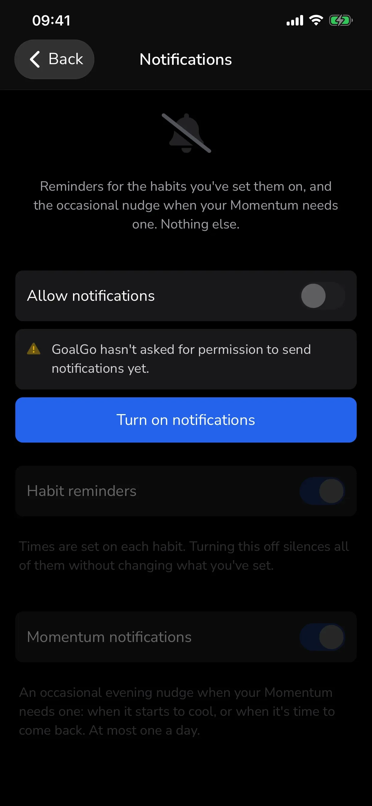 GoalGo notification settings