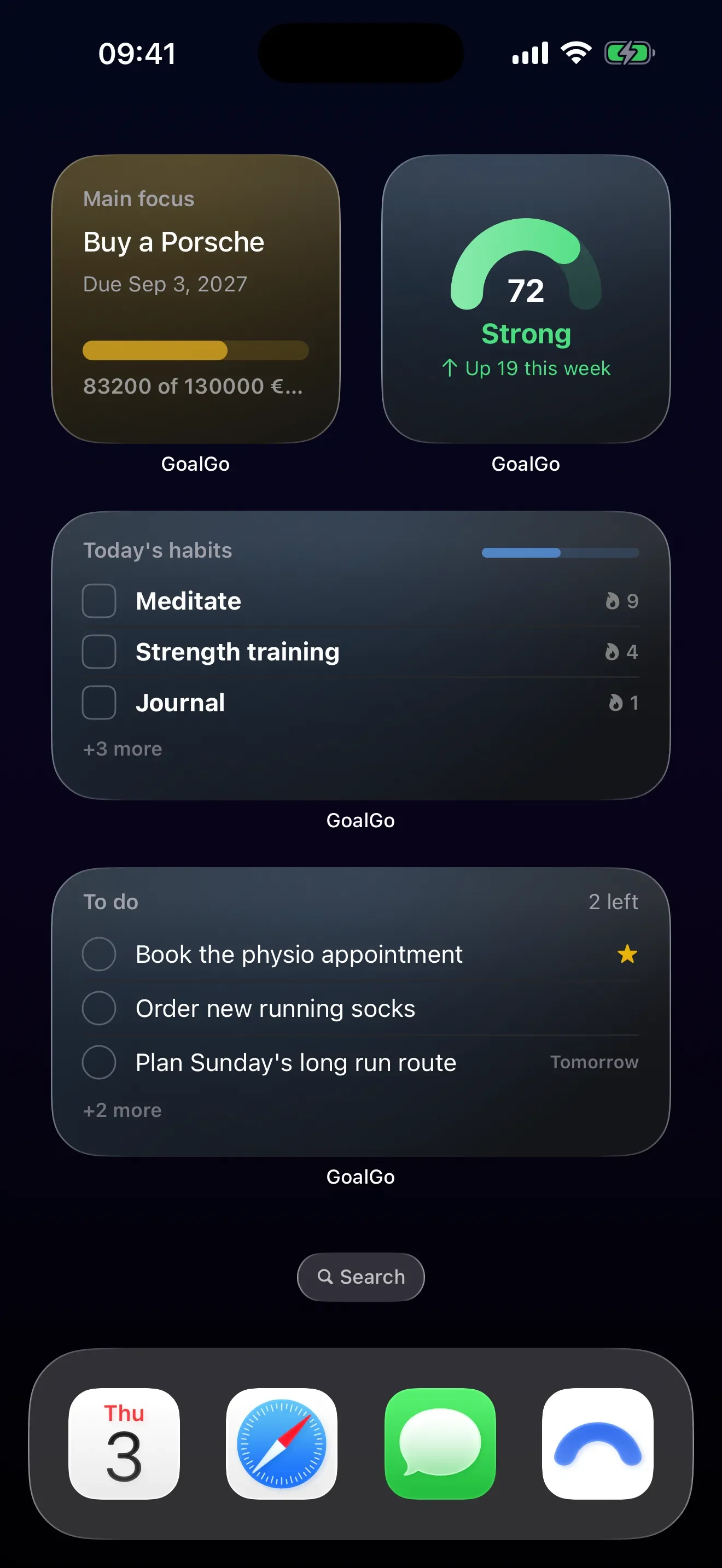 GoalGo widgets on the iPhone home screen