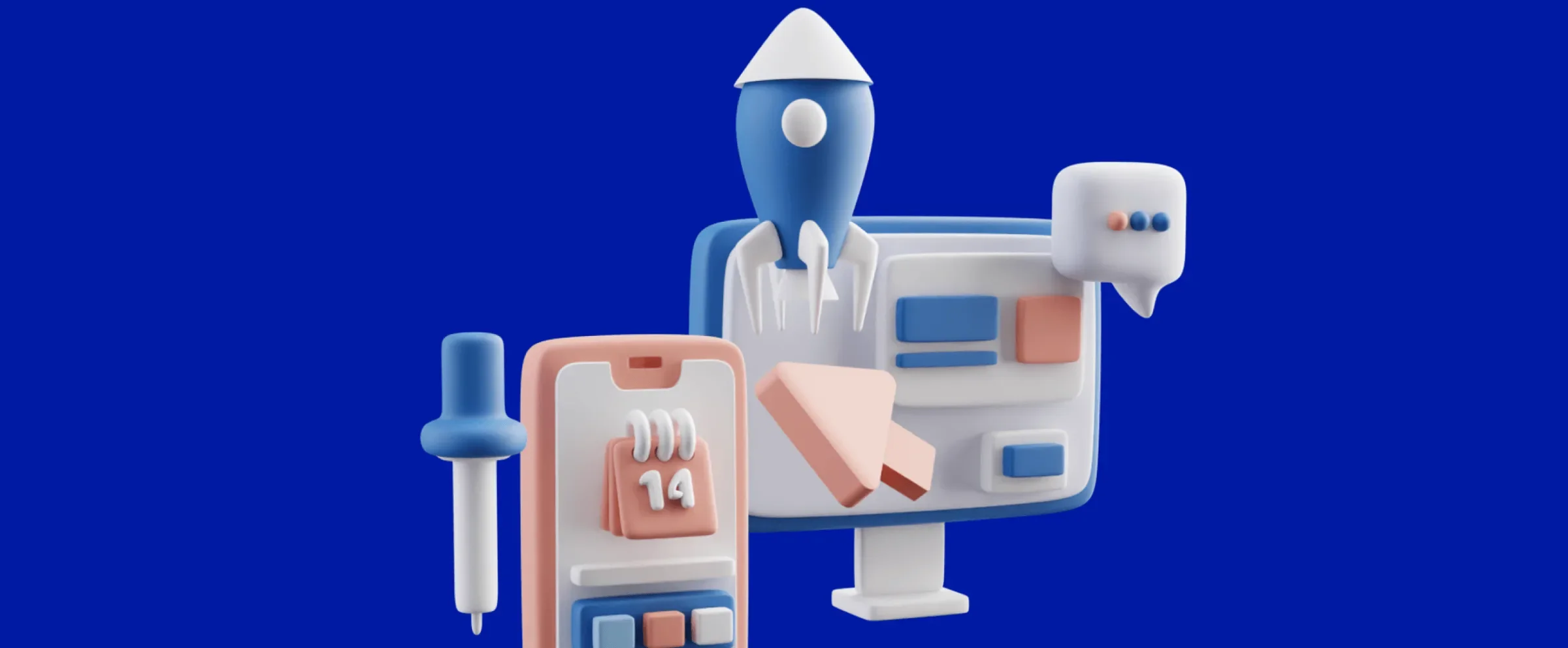 Minima.market low-poly 3D icons: rocket, monitor, phone and pin