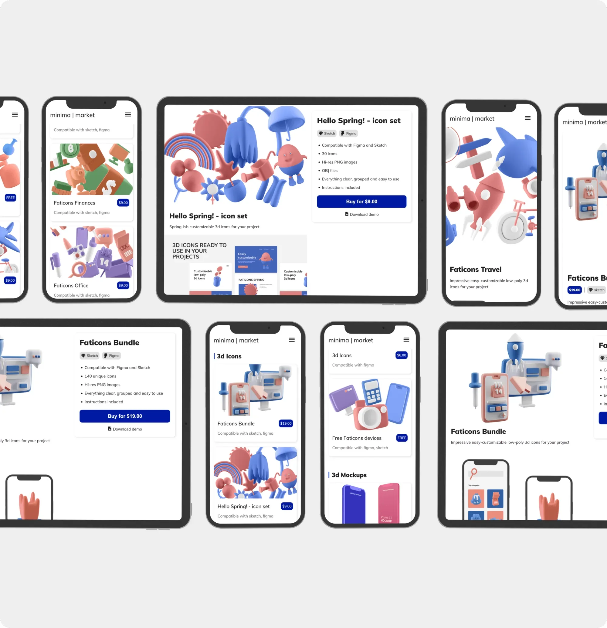Minima.market product pages on tablets and phones