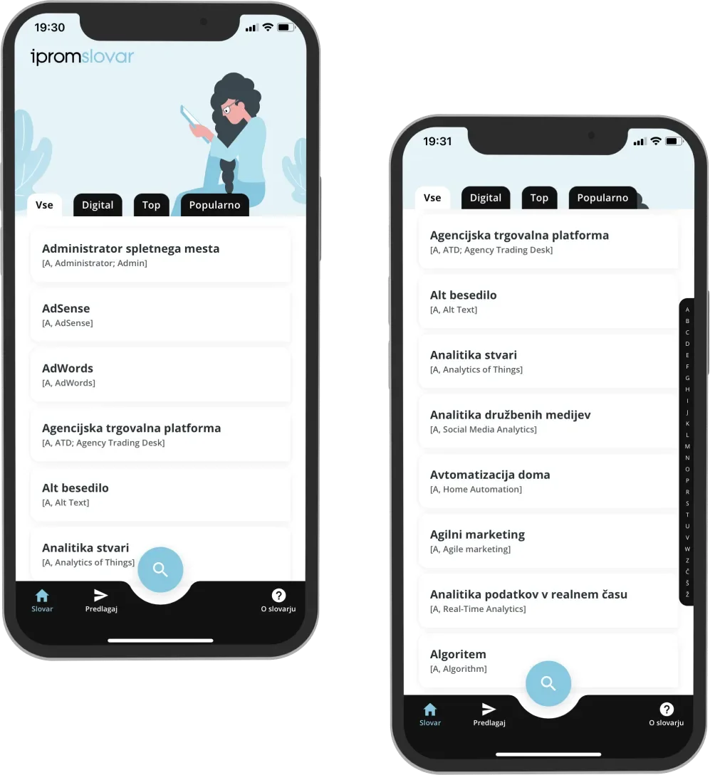 iProm Slovar app: term list with categories and alphabet index
