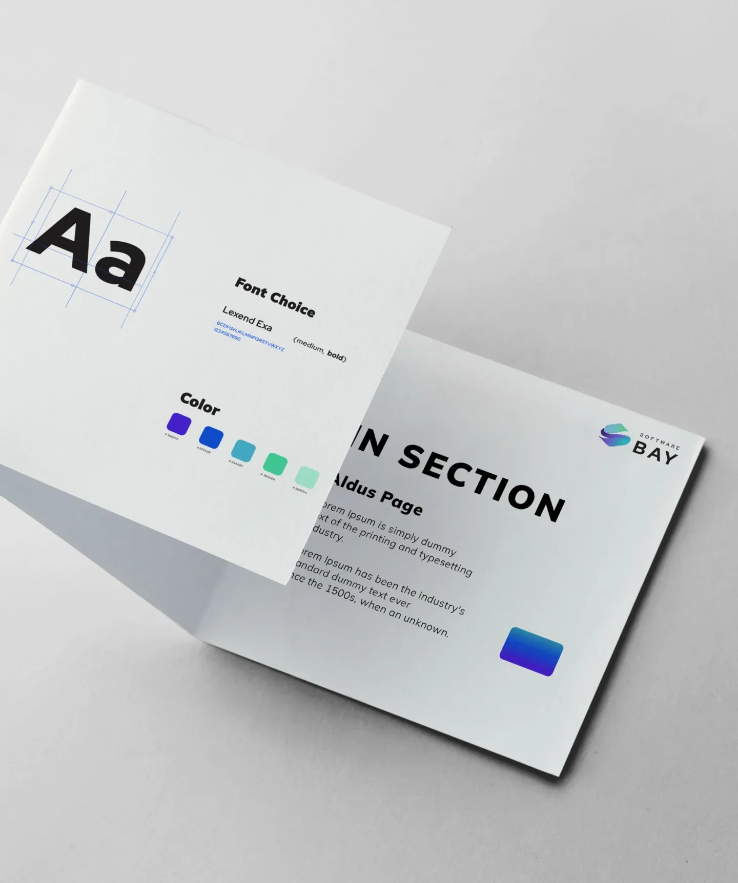 Softwarebay brand book spread with typography and colour