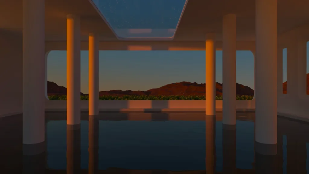 A pavilion over water at sunset