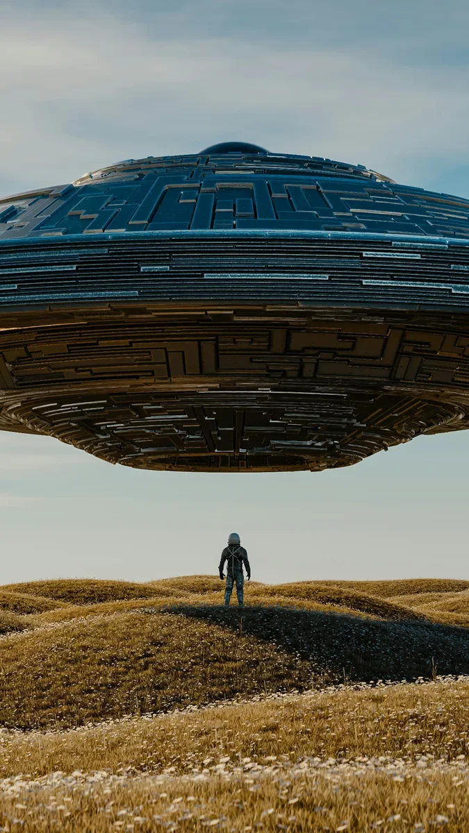 A huge ship hovering over a person in a field